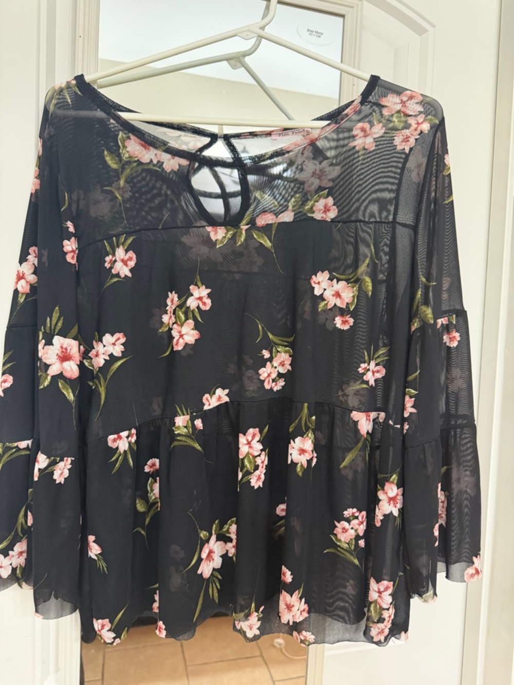 Black Sheer Floral Blouse with Pink Blossoms